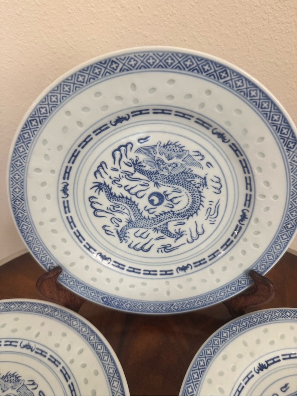 3 Jingdezhen Porcelain Dinner Plates 9” 6 Matching Porcelain Rice Bowls Dragon - Picture 6 of 16